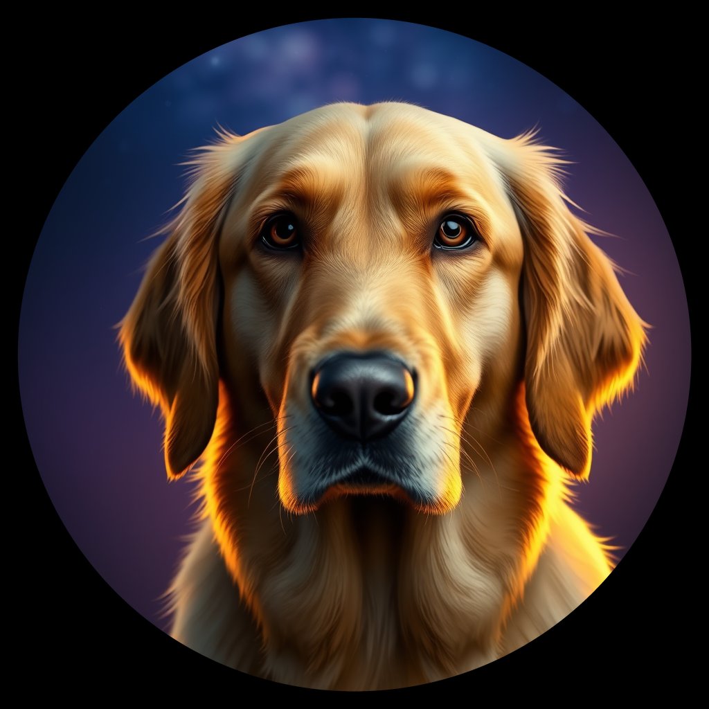 Cosmic medallion portrait of GRLS_grlsU6VUAM00, a Golden Retriever