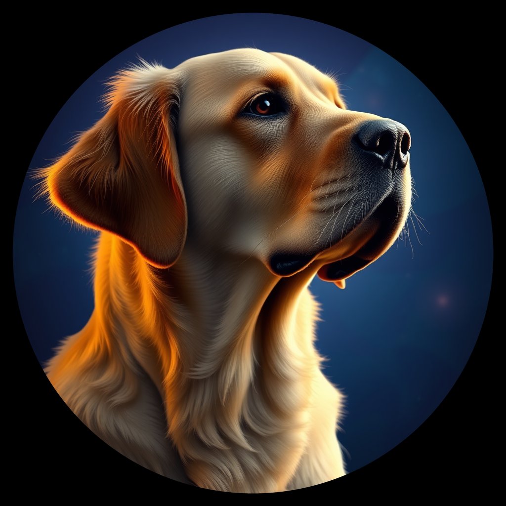Cosmic medallion portrait of GRLS_grlsU7K9XQ11, a Golden Retriever