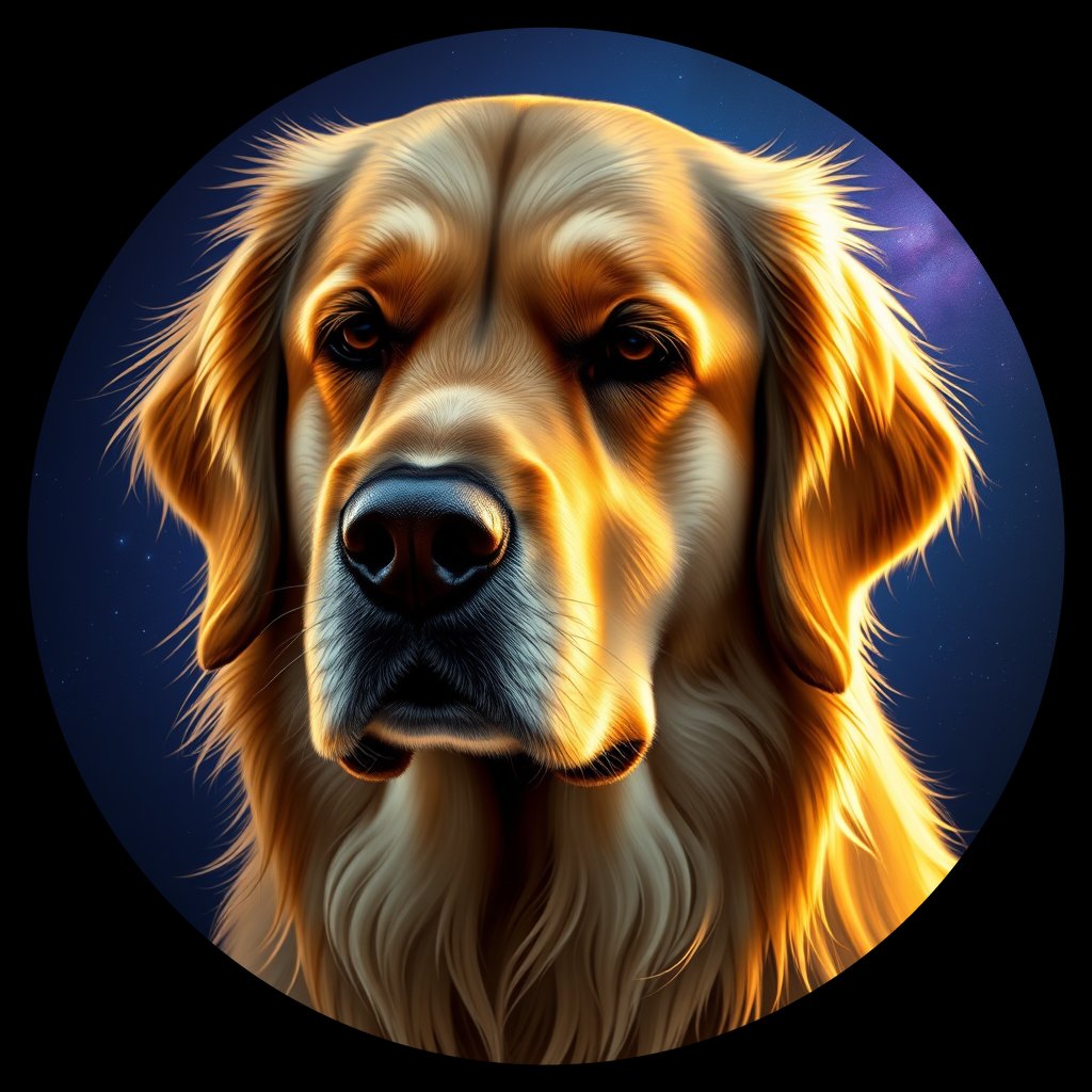 Cosmic medallion portrait of GRLS_grlsU7WY2WW, a Golden Retriever