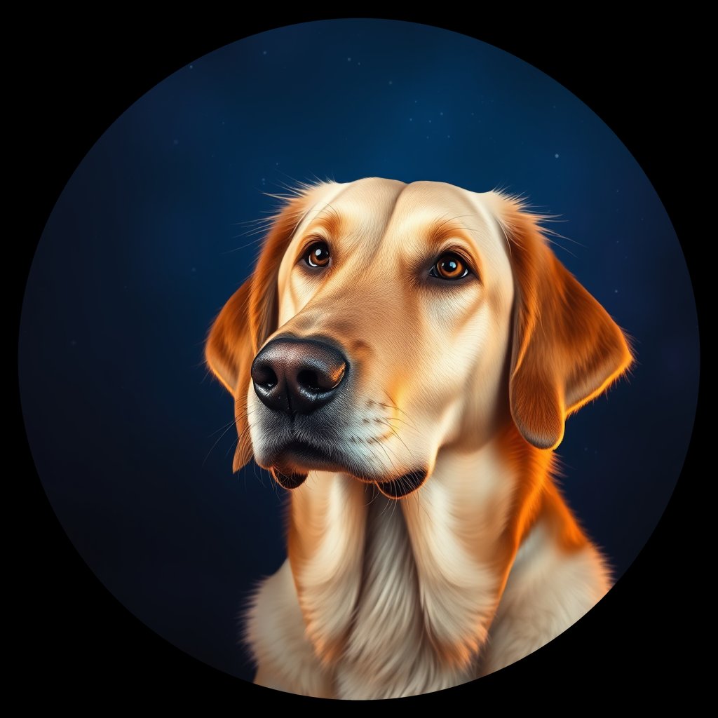 Cosmic medallion portrait of GRLS_grlsU9AK2966, a Golden Retriever
