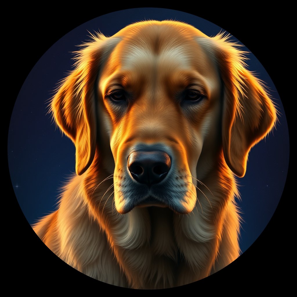 Cosmic medallion portrait of GRLS_grlsUB0LLIEE, a Golden Retriever