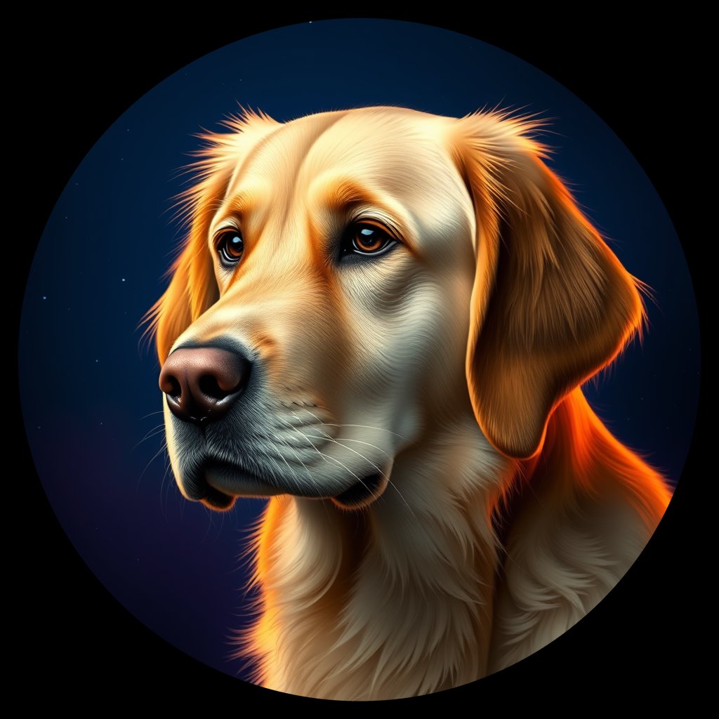 Cosmic medallion portrait of GRLS_grlsUBE49VBB, a Golden Retriever