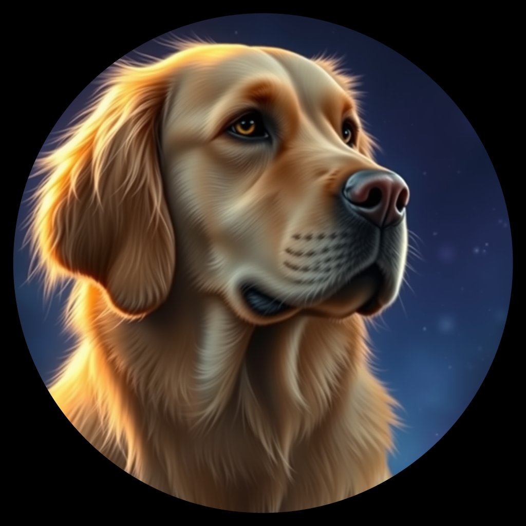 Cosmic medallion portrait of GRLS_grlsUC2R1BNN, a Golden Retriever