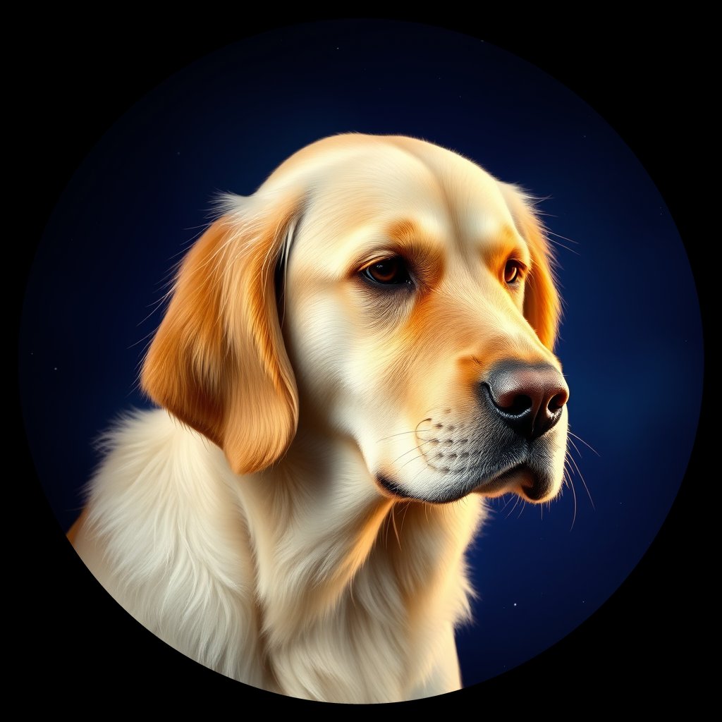 Cosmic medallion portrait of GRLS_grlsUEMB2W00, a Golden Retriever