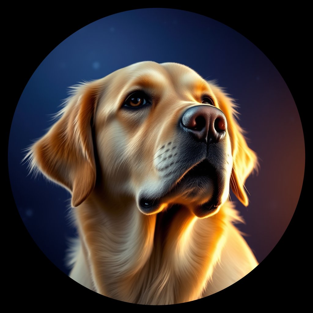 Cosmic medallion portrait of GRLS_grlsUFZRYGYY, a Golden Retriever
