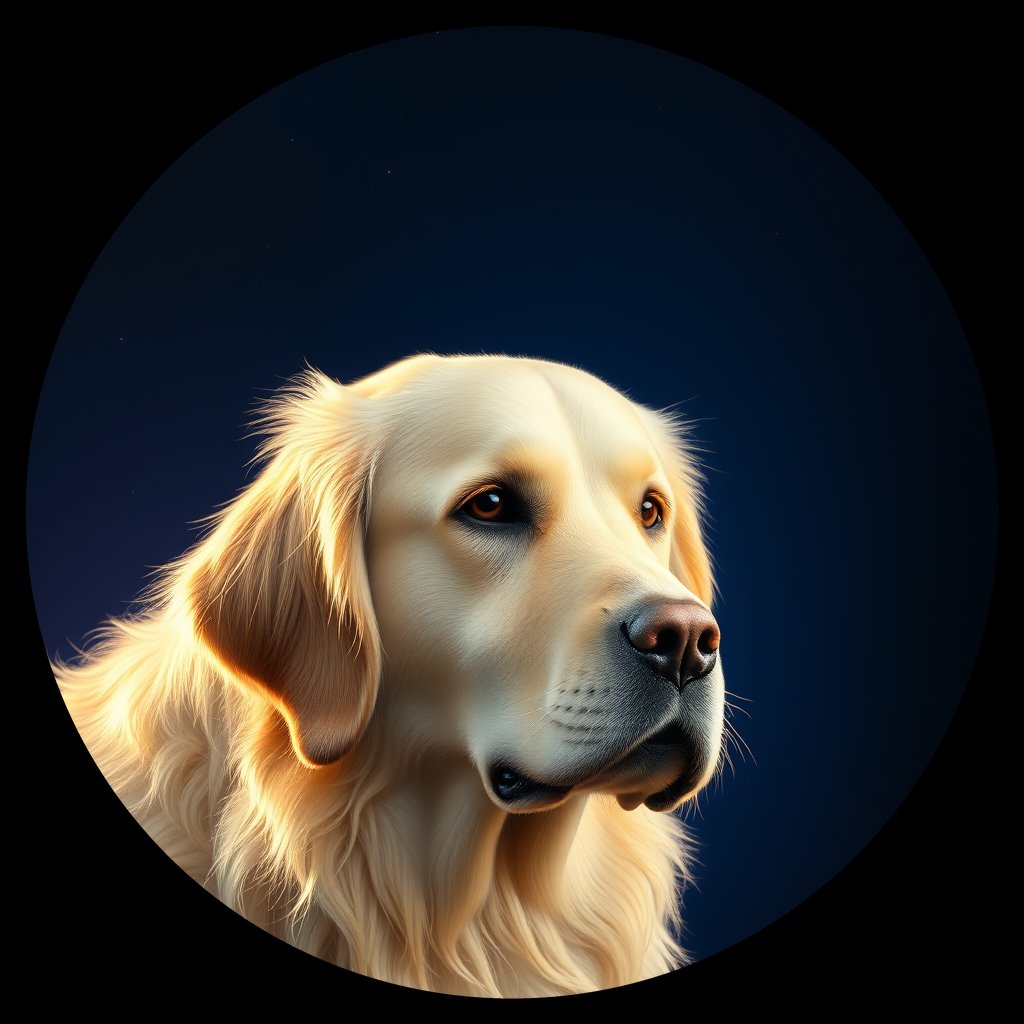 Cosmic medallion portrait of GRLS_grlsUGM42X00, a Golden Retriever