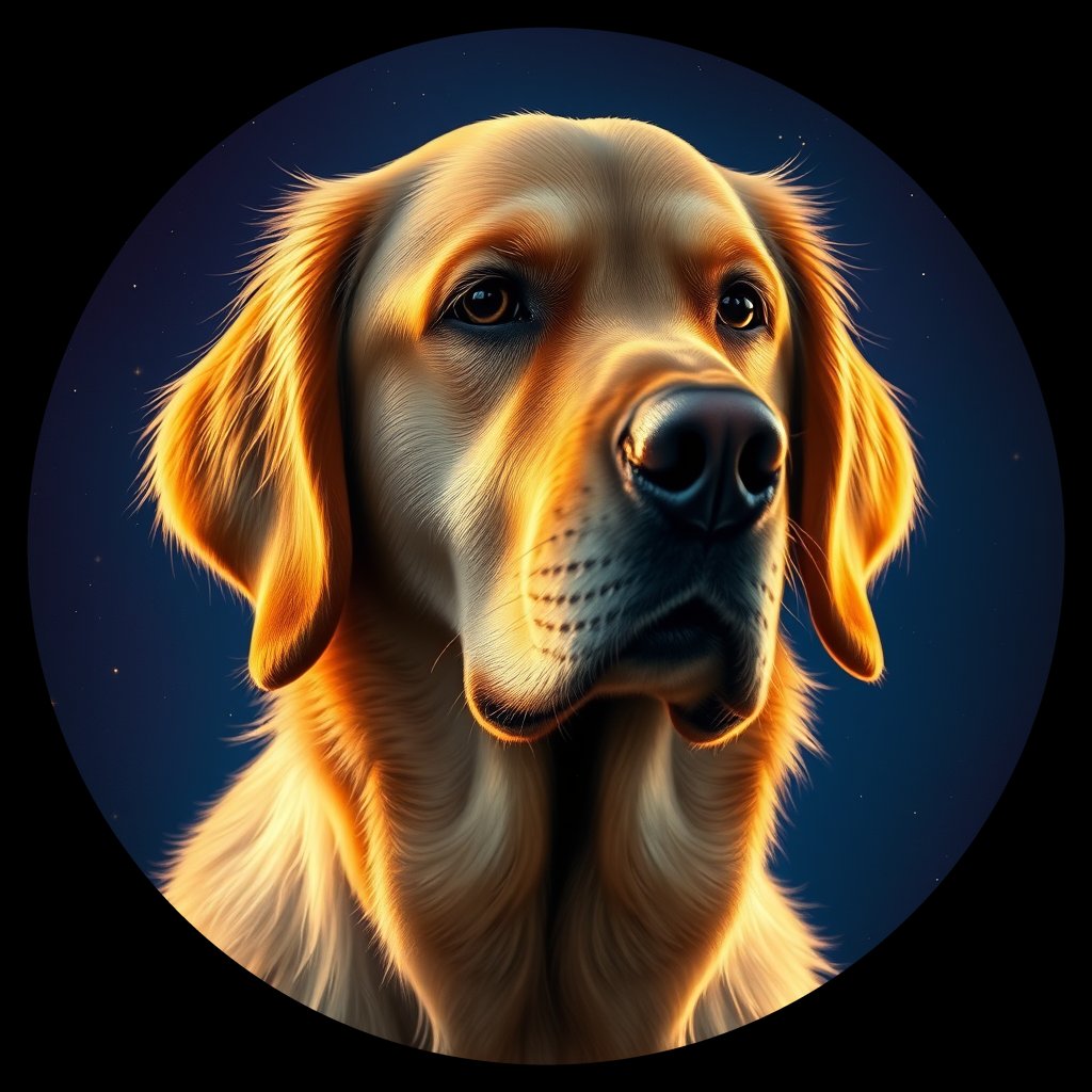 Cosmic medallion portrait of GRLS_grlsUJFR71NN, a Golden Retriever