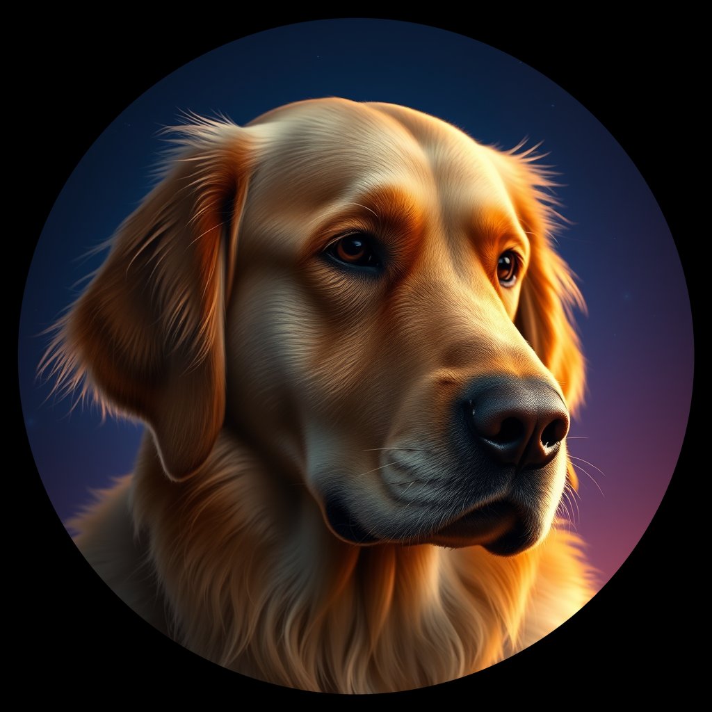 Cosmic medallion portrait of GRLS_grlsUMMLKSBB, a Golden Retriever
