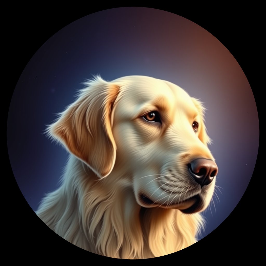Cosmic medallion portrait of GRLS_grlsUOLGNQNN, a Golden Retriever