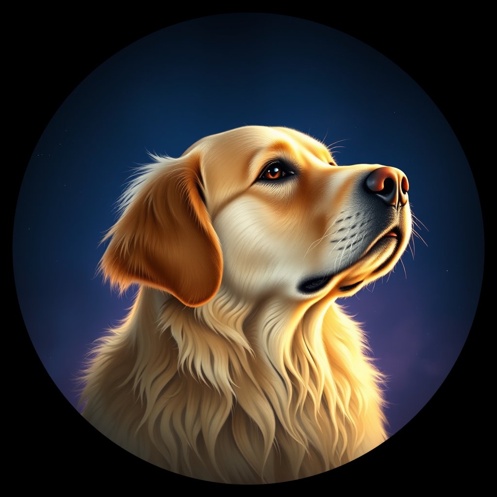 Cosmic medallion portrait of GRLS_grlsURFSOP88, a Golden Retriever
