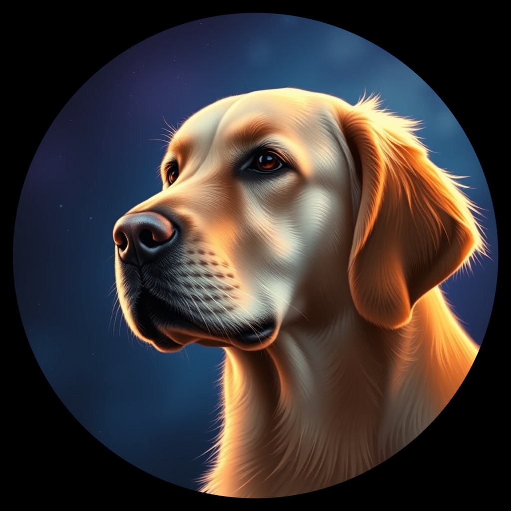 Cosmic medallion portrait of GRLS_grlsUTLWXLSS, a Golden Retriever