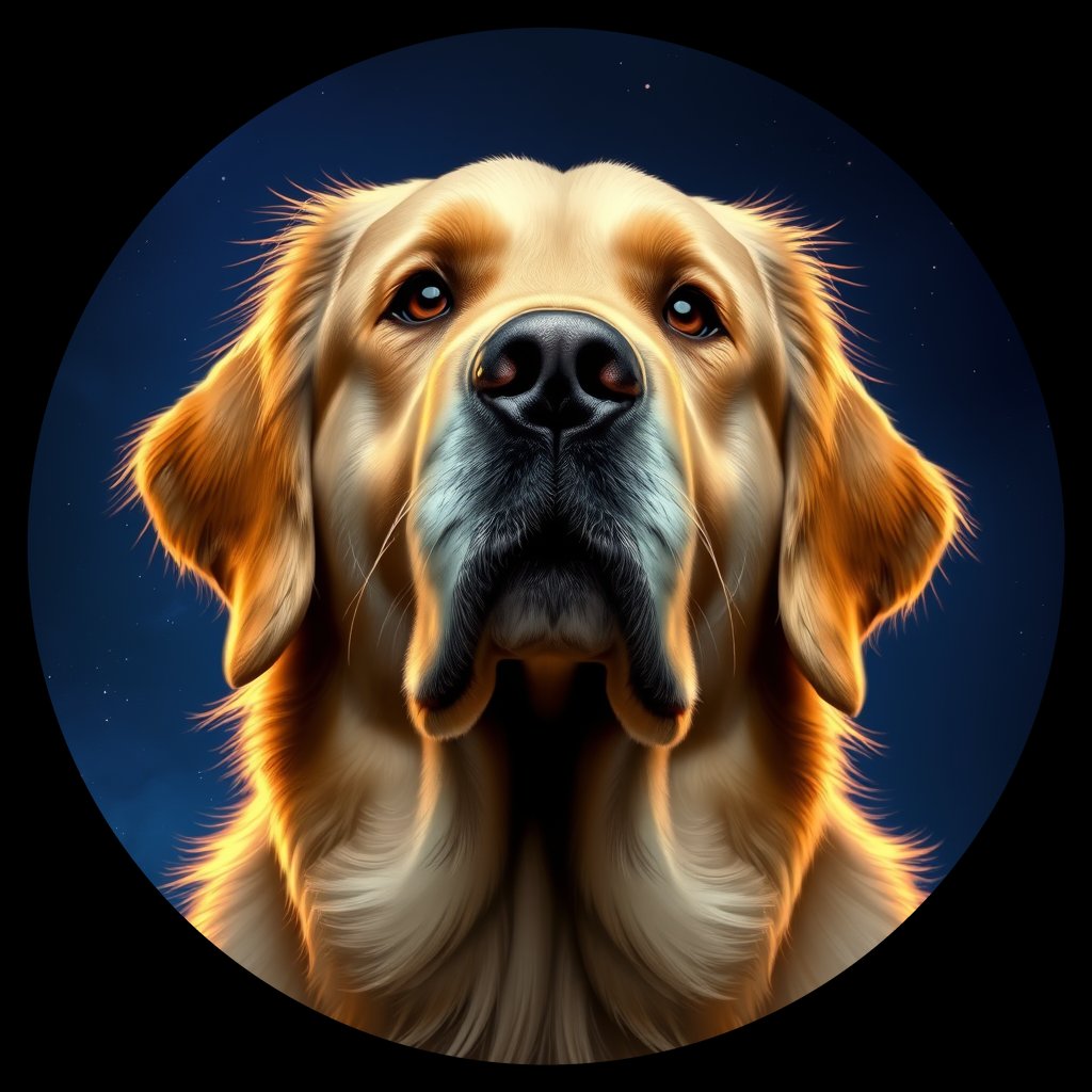Cosmic medallion portrait of GRLS_grlsUUGORFZZ, a Golden Retriever