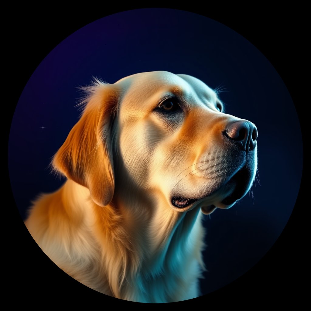 Cosmic medallion portrait of GRLS_grlsUUTRROII, a Golden Retriever