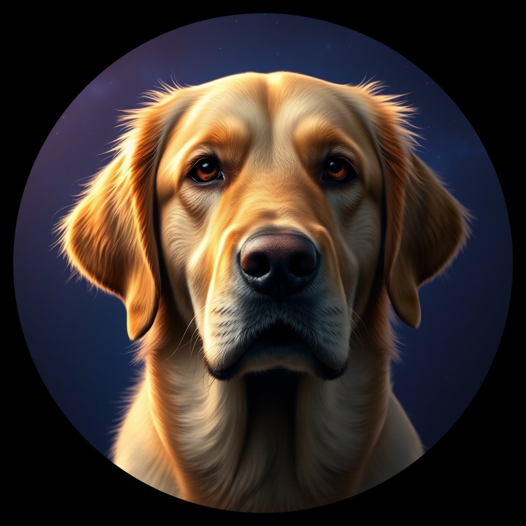 Cosmic medallion portrait of GRLS_grlsUUTUSYGG, a Golden Retriever