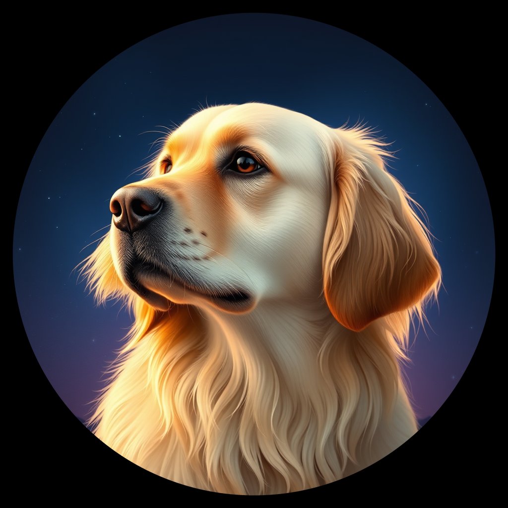 Cosmic medallion portrait of GRLS_grlsUVO4GJJ, a Golden Retriever