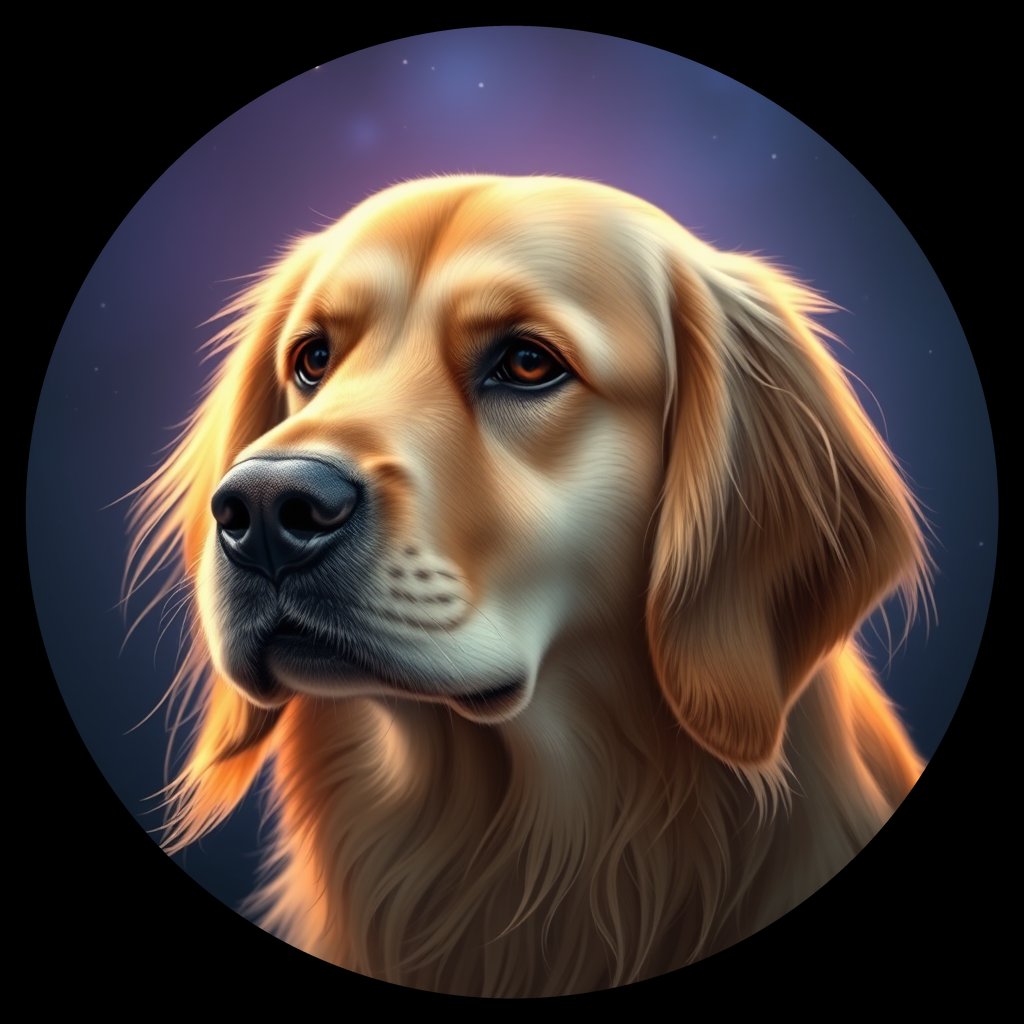 Cosmic medallion portrait of GRLS_grlsUZHLMGSS, a Golden Retriever