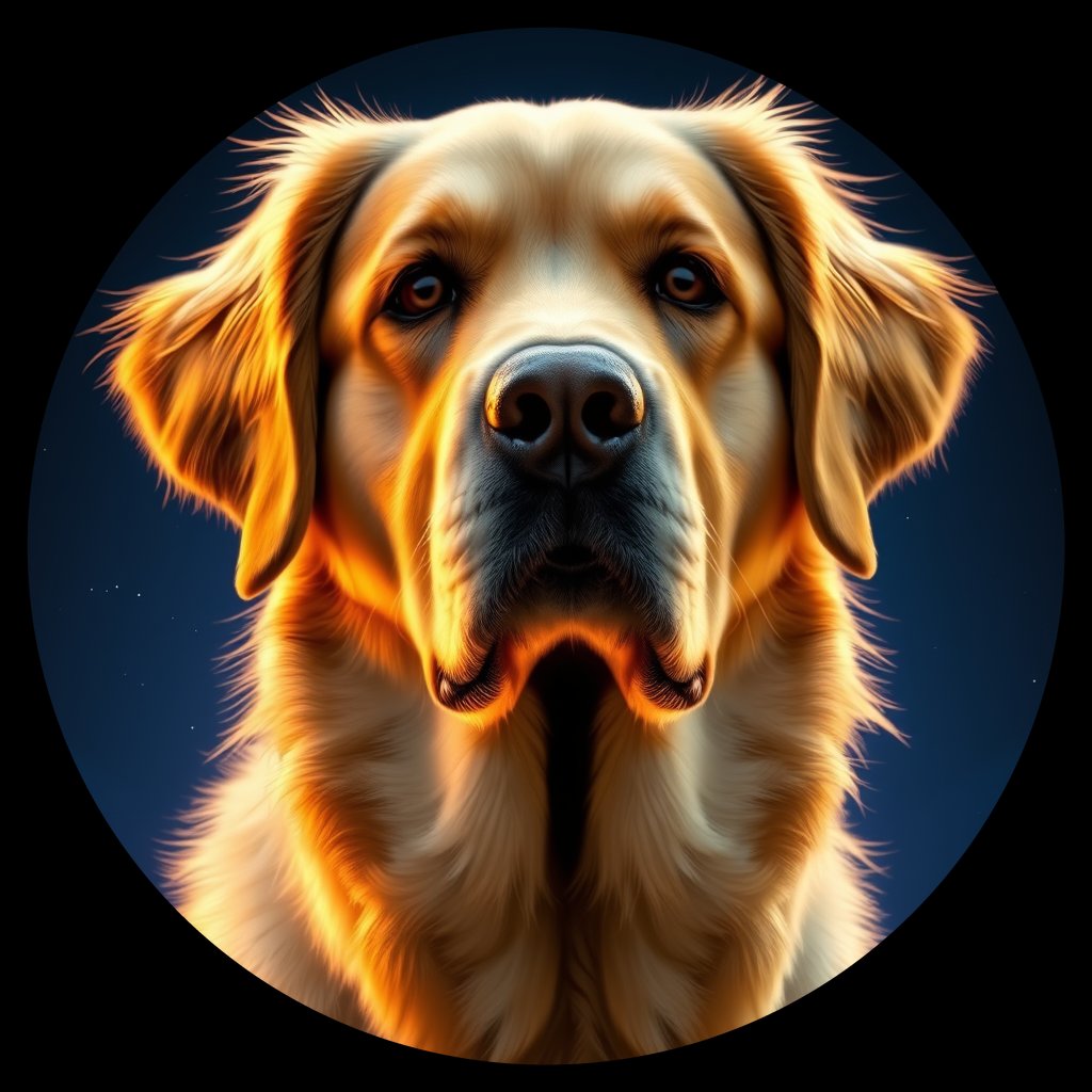 Cosmic medallion portrait of GRLS_grlsUZMK2DKK, a Golden Retriever