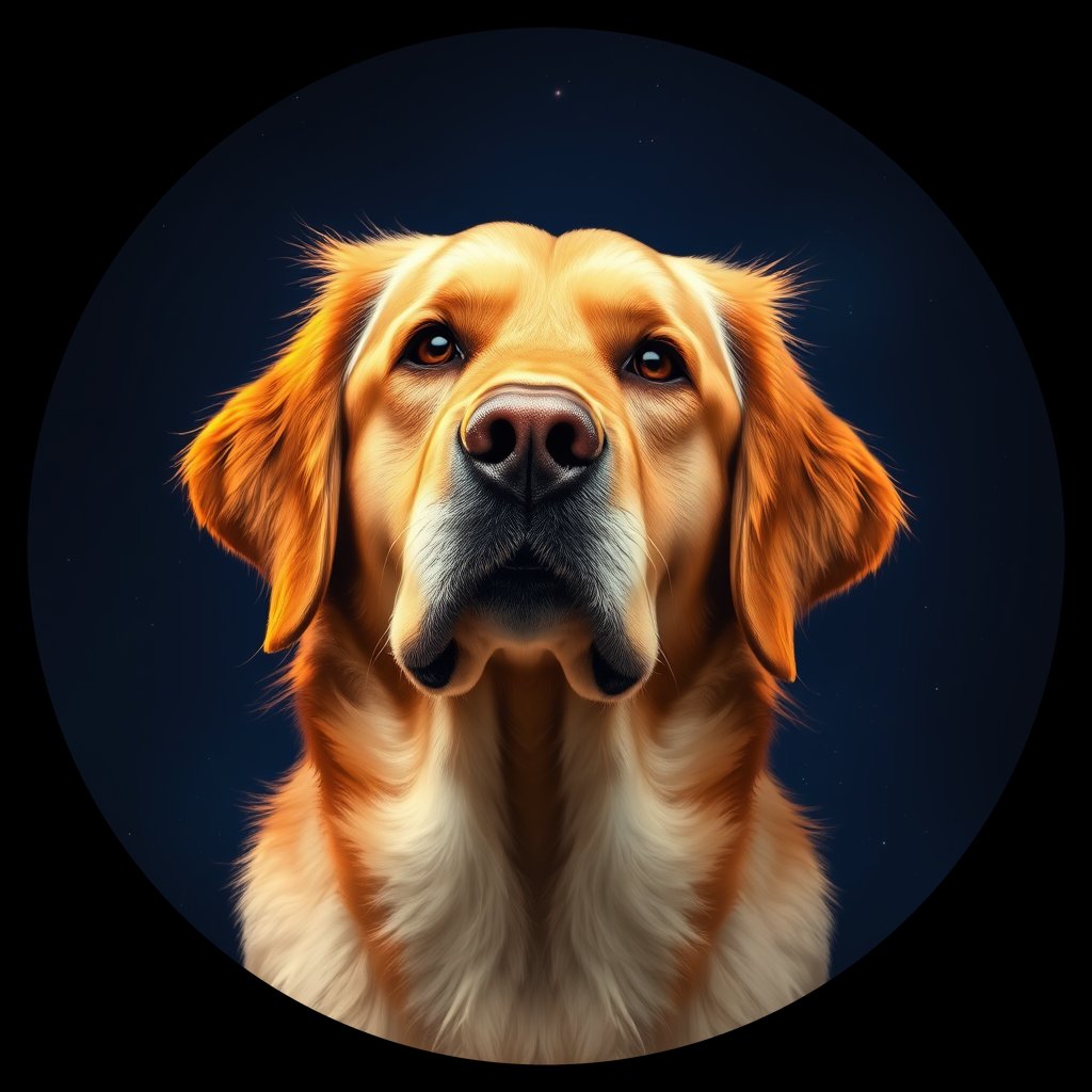 Cosmic medallion portrait of GRLS_grlsV2GFQMEE, a Golden Retriever