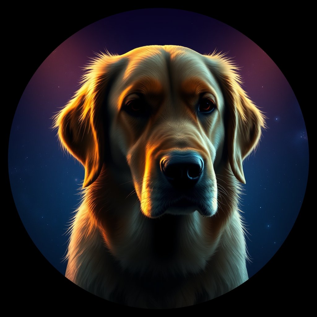 Cosmic medallion portrait of GRLS_grlsV3HNKMHH, a Golden Retriever