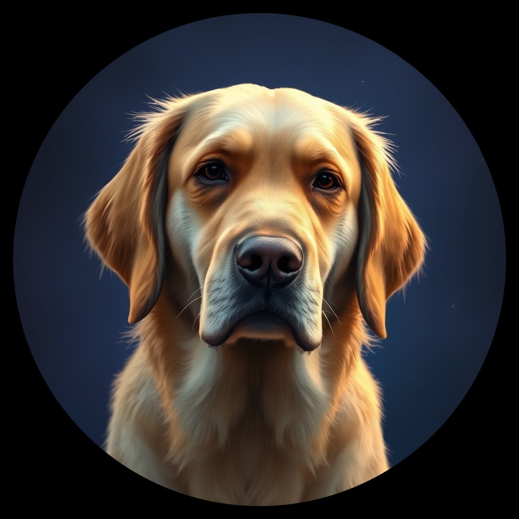 Cosmic medallion portrait of GRLS_grlsV3VB3NN, a Golden Retriever