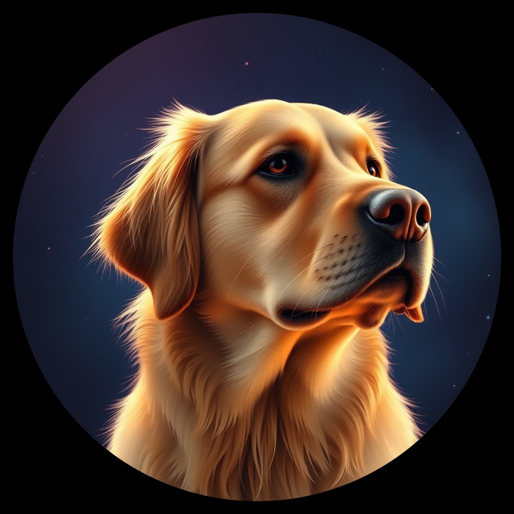 Cosmic medallion portrait of GRLS_grlsV59OG6UU, a Golden Retriever