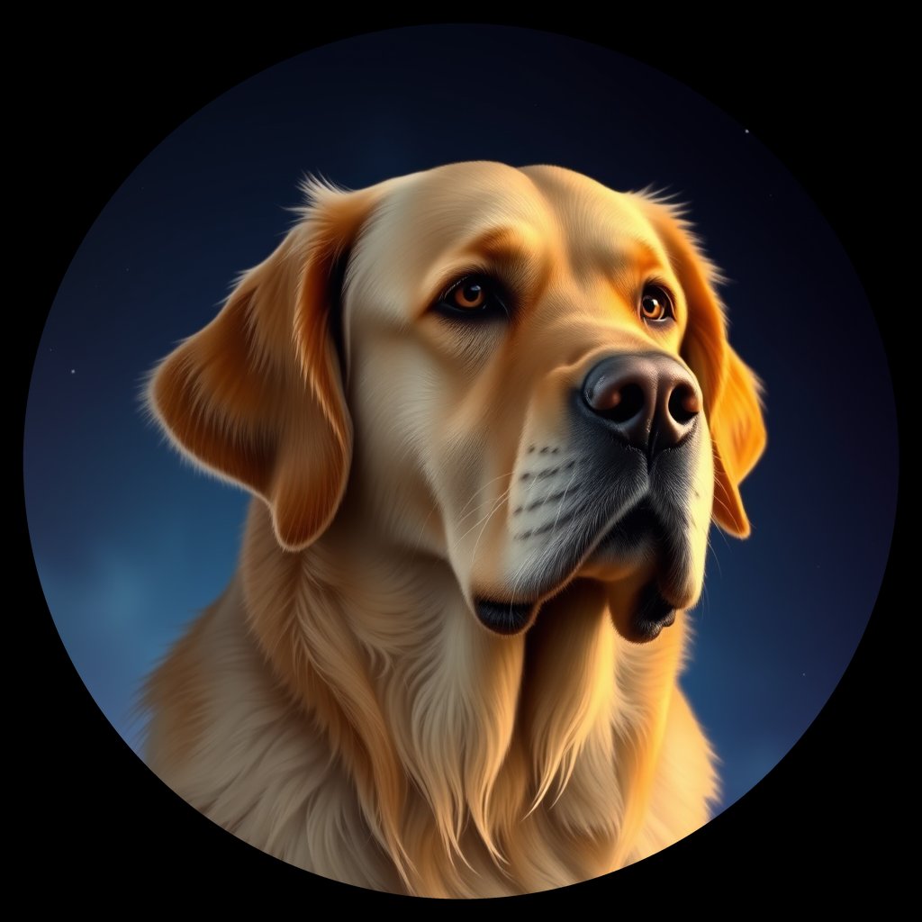 Cosmic medallion portrait of GRLS_grlsV8QP9ZZ, a Golden Retriever
