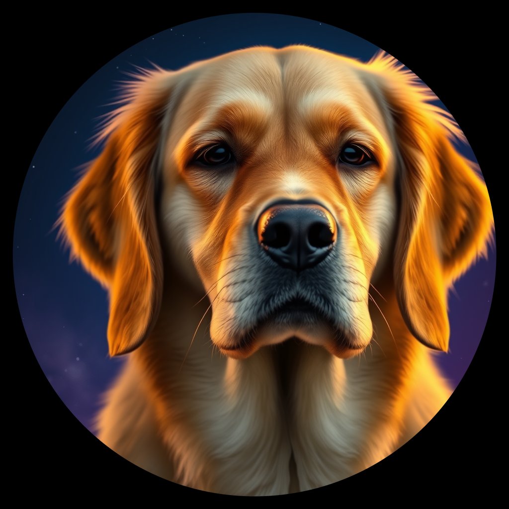 Cosmic medallion portrait of GRLS_grlsVBIR52YY, a Golden Retriever