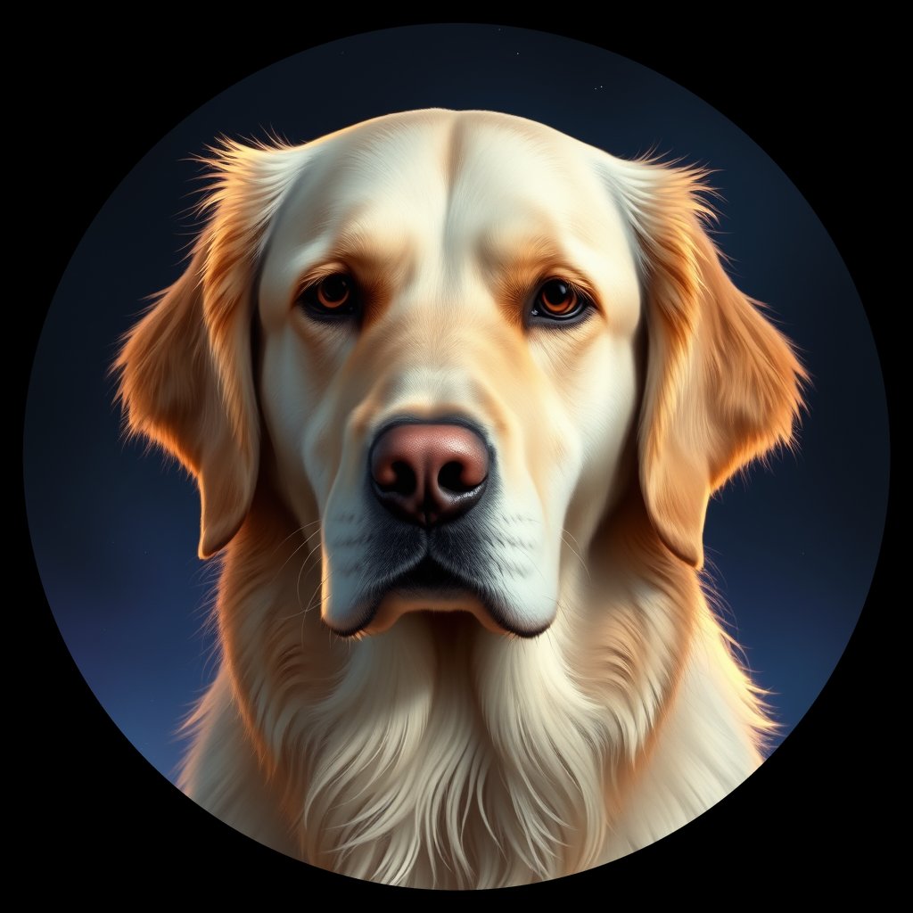 Cosmic medallion portrait of GRLS_grlsVERNOQ77, a Golden Retriever