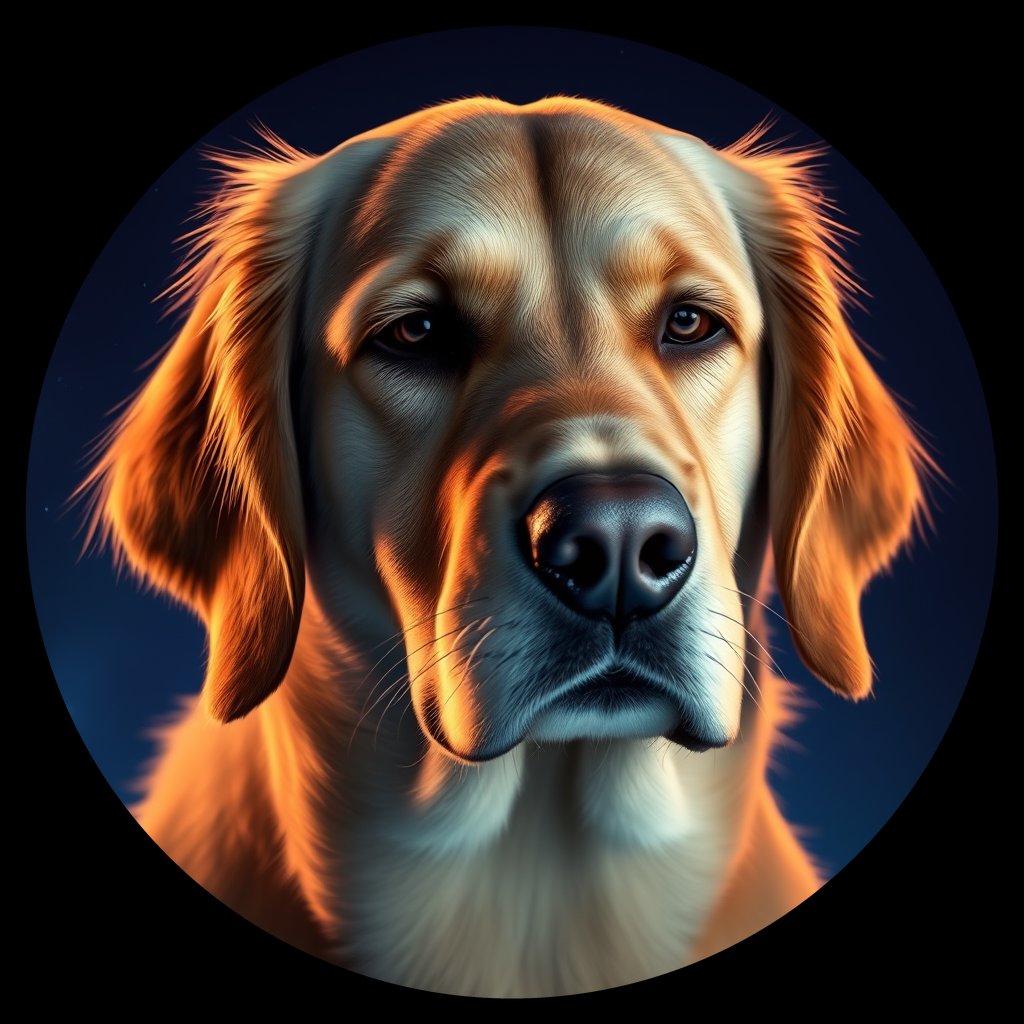 Cosmic medallion portrait of GRLS_grlsVETQM7UU, a Golden Retriever