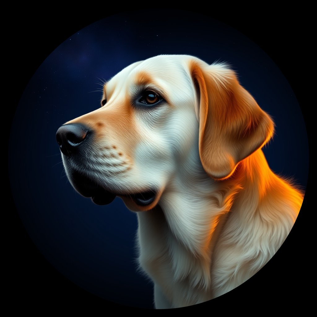 Cosmic medallion portrait of GRLS_grlsVK01J9LL, a Golden Retriever