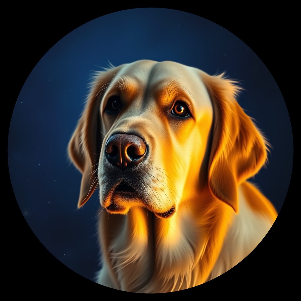 Cosmic medallion portrait of GRLS_grlsVMV6M2GG, a Golden Retriever