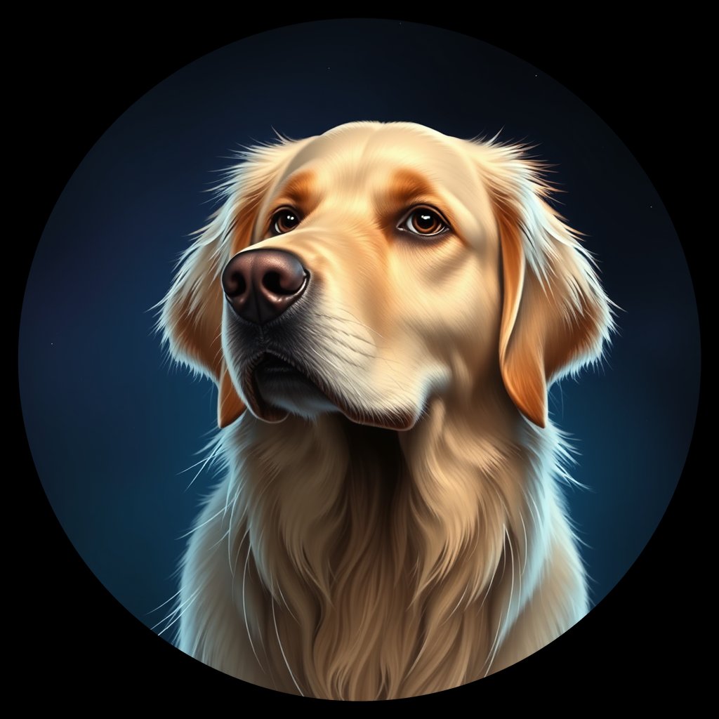 Cosmic medallion portrait of GRLS_grlsVOG8H6YY, a Golden Retriever