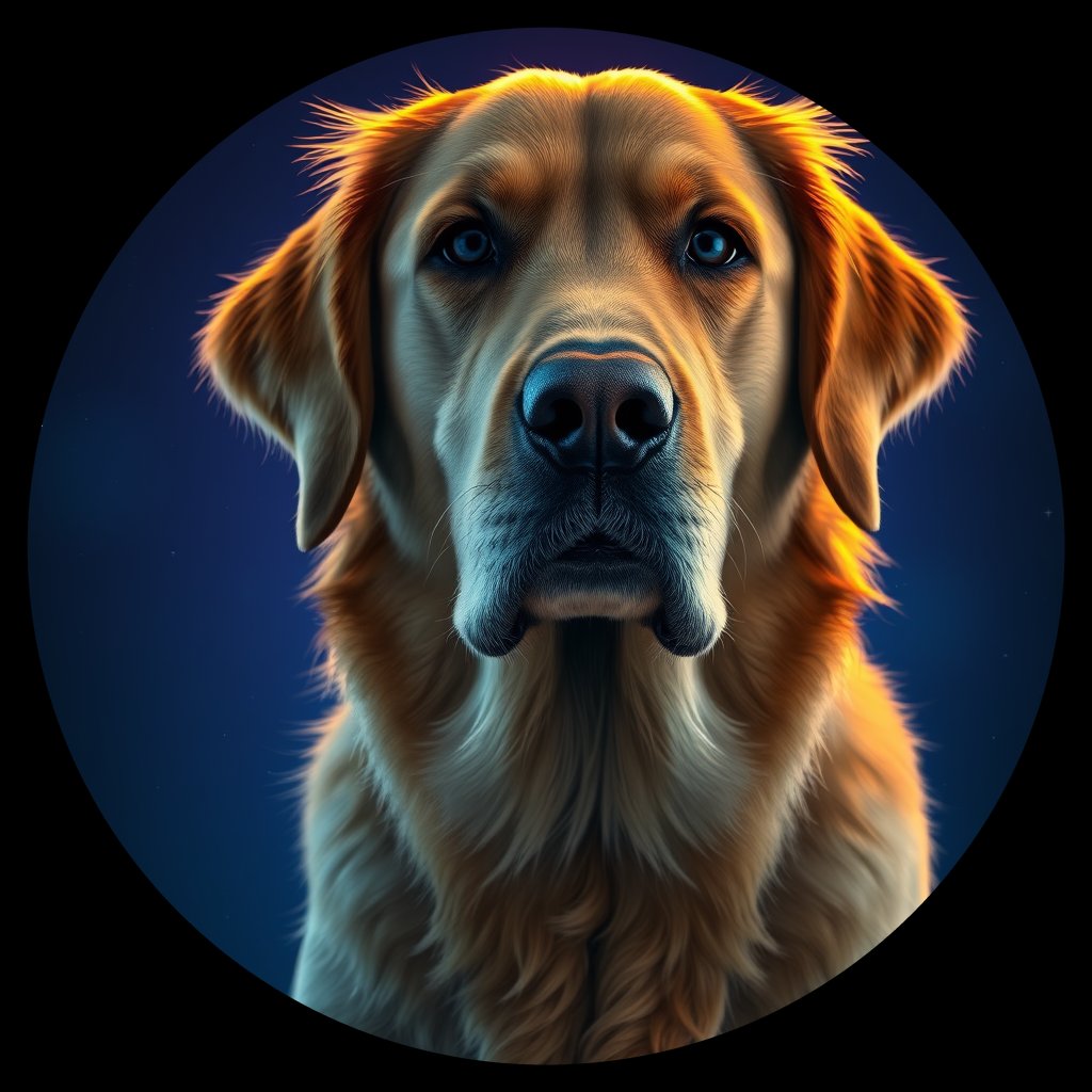 Cosmic medallion portrait of GRLS_grlsVSCFCFSS, a Golden Retriever