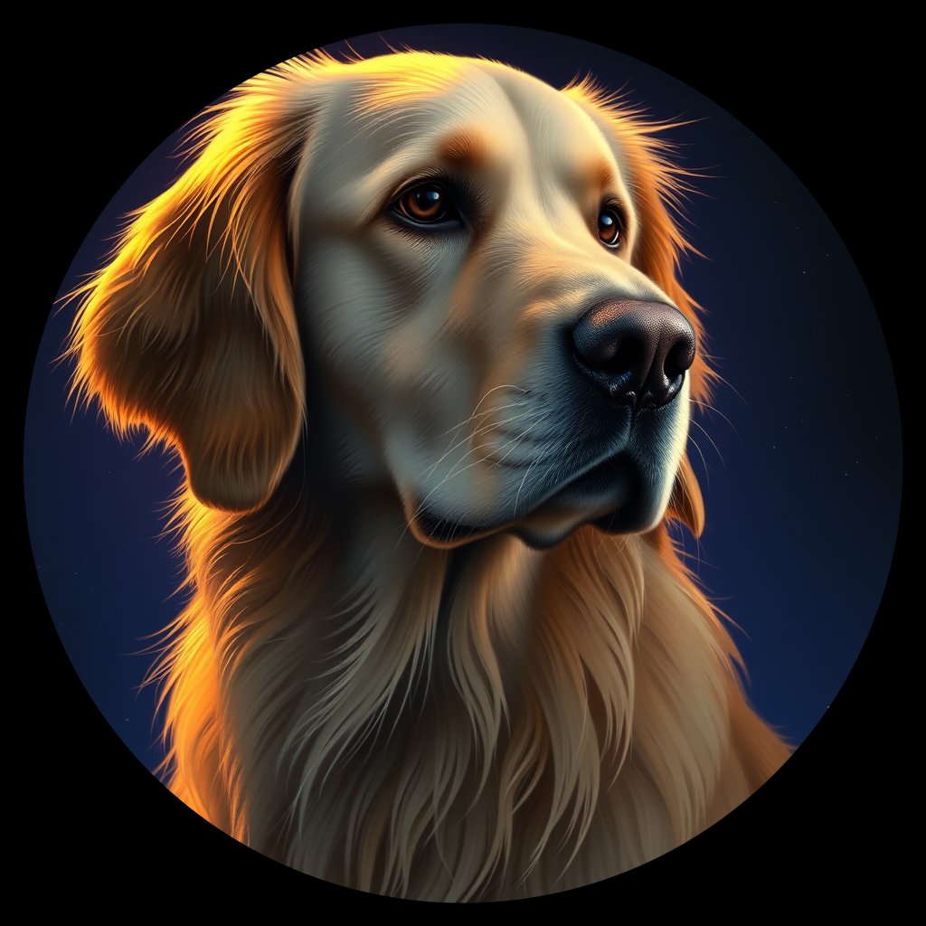 Cosmic medallion portrait of GRLS_grlsVVRH4F77, a Golden Retriever