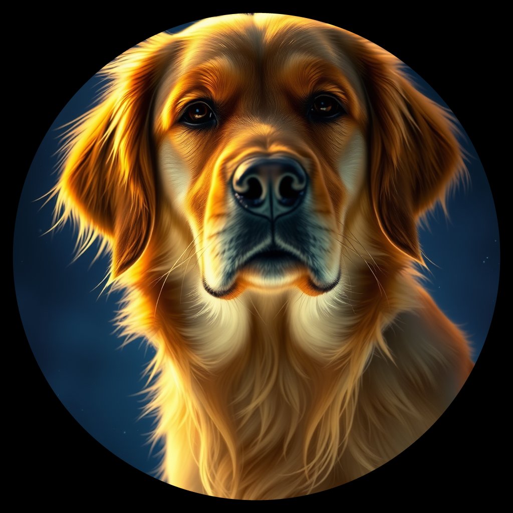 Cosmic medallion portrait of GRLS_grlsVVS6IGGG, a Golden Retriever