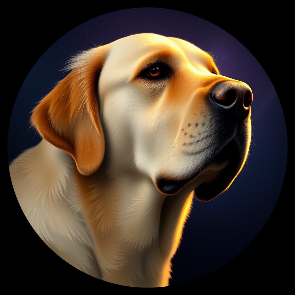 Cosmic medallion portrait of GRLS_grlsVWUHSQNN, a Golden Retriever