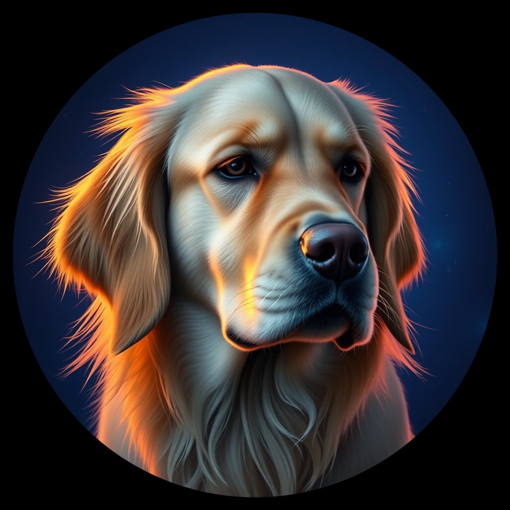 Cosmic medallion portrait of GRLS_grlsVX8GDI77, a Golden Retriever