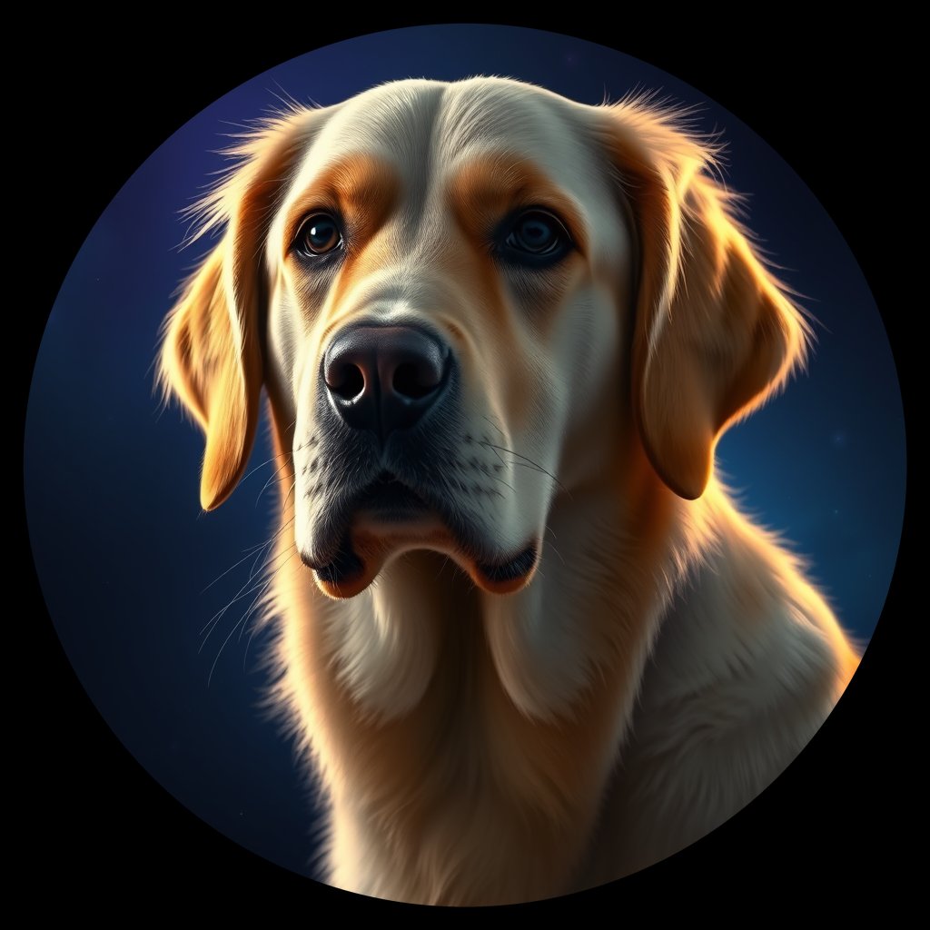 Cosmic medallion portrait of GRLS_grlsVY18Q2MM, a Golden Retriever