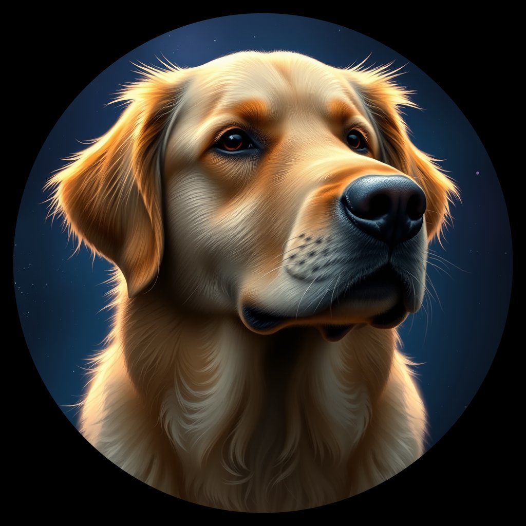 Cosmic medallion portrait of GRLS_grlsVZFQZGBB, a Golden Retriever