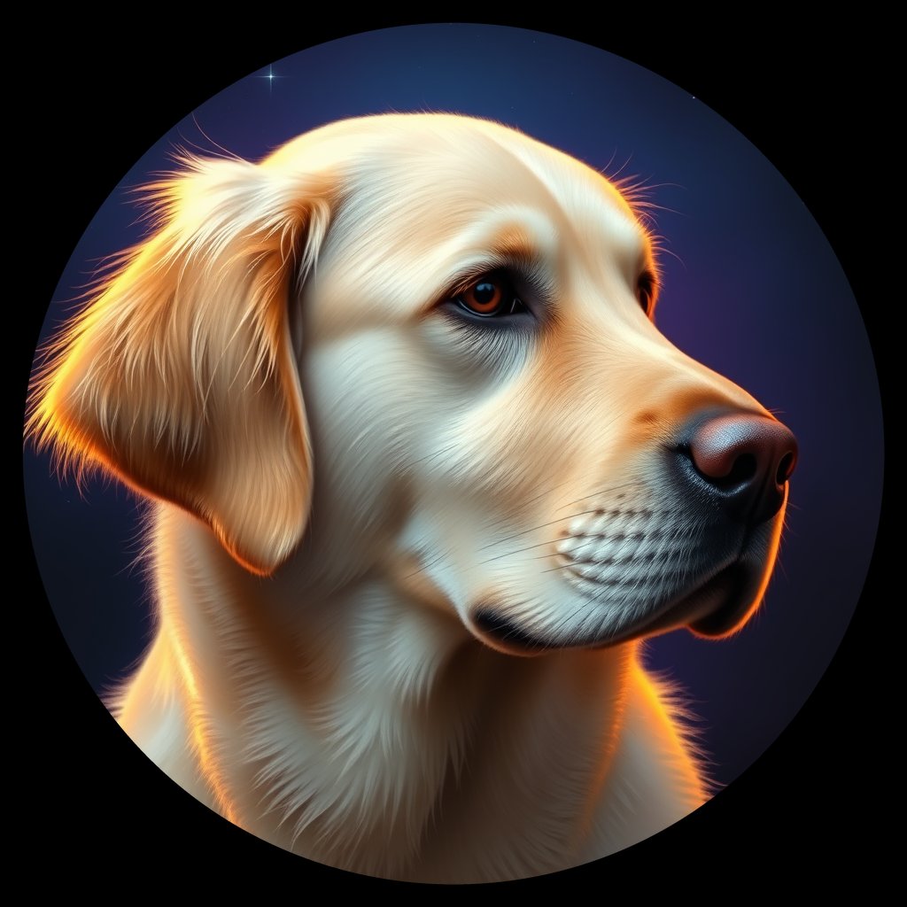 Cosmic medallion portrait of GRLS_grlsW4DN9NLL, a Golden Retriever