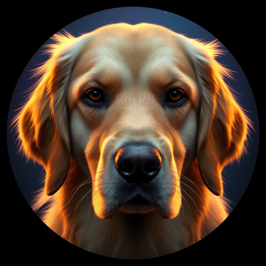 Cosmic medallion portrait of GRLS_grlsW5PNQ9CC, a Golden Retriever