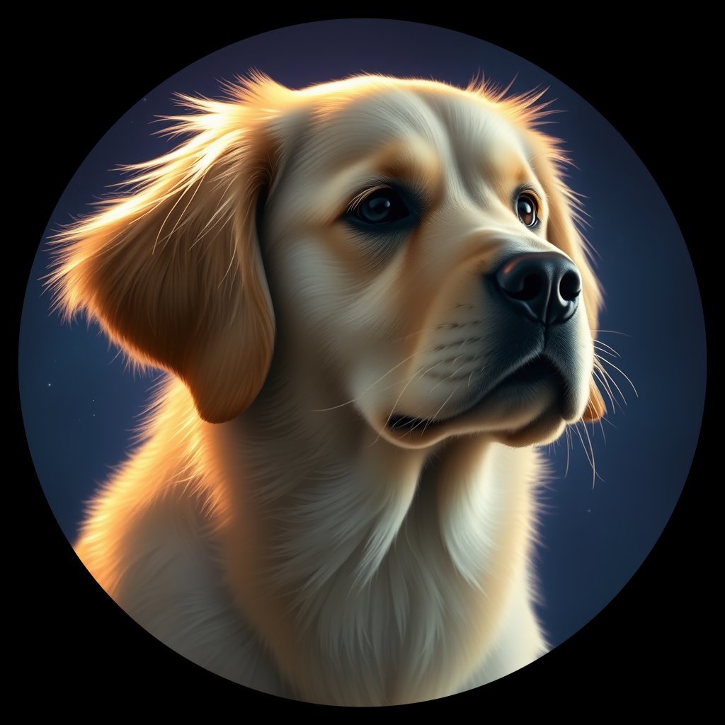 Cosmic medallion portrait of GRLS_grlsW5TR0BRR, a Golden Retriever