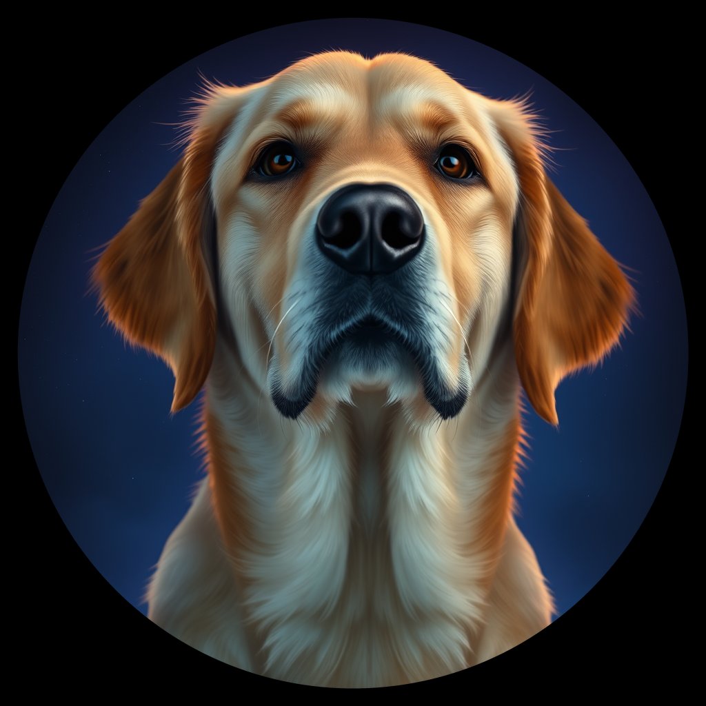 Cosmic medallion portrait of GRLS_grlsWC1EM55, a Golden Retriever