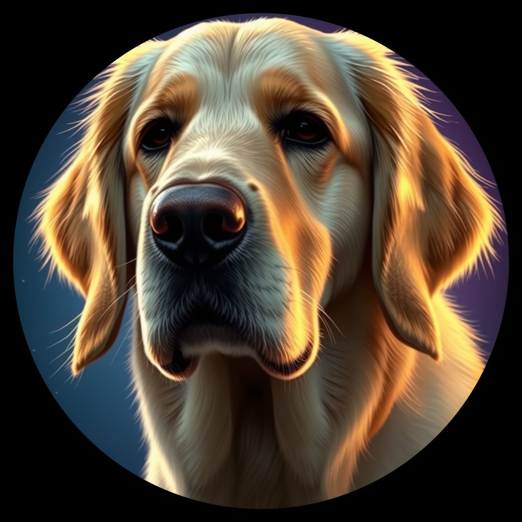 Cosmic medallion portrait of GRLS_grlsWE7RIODD, a Golden Retriever