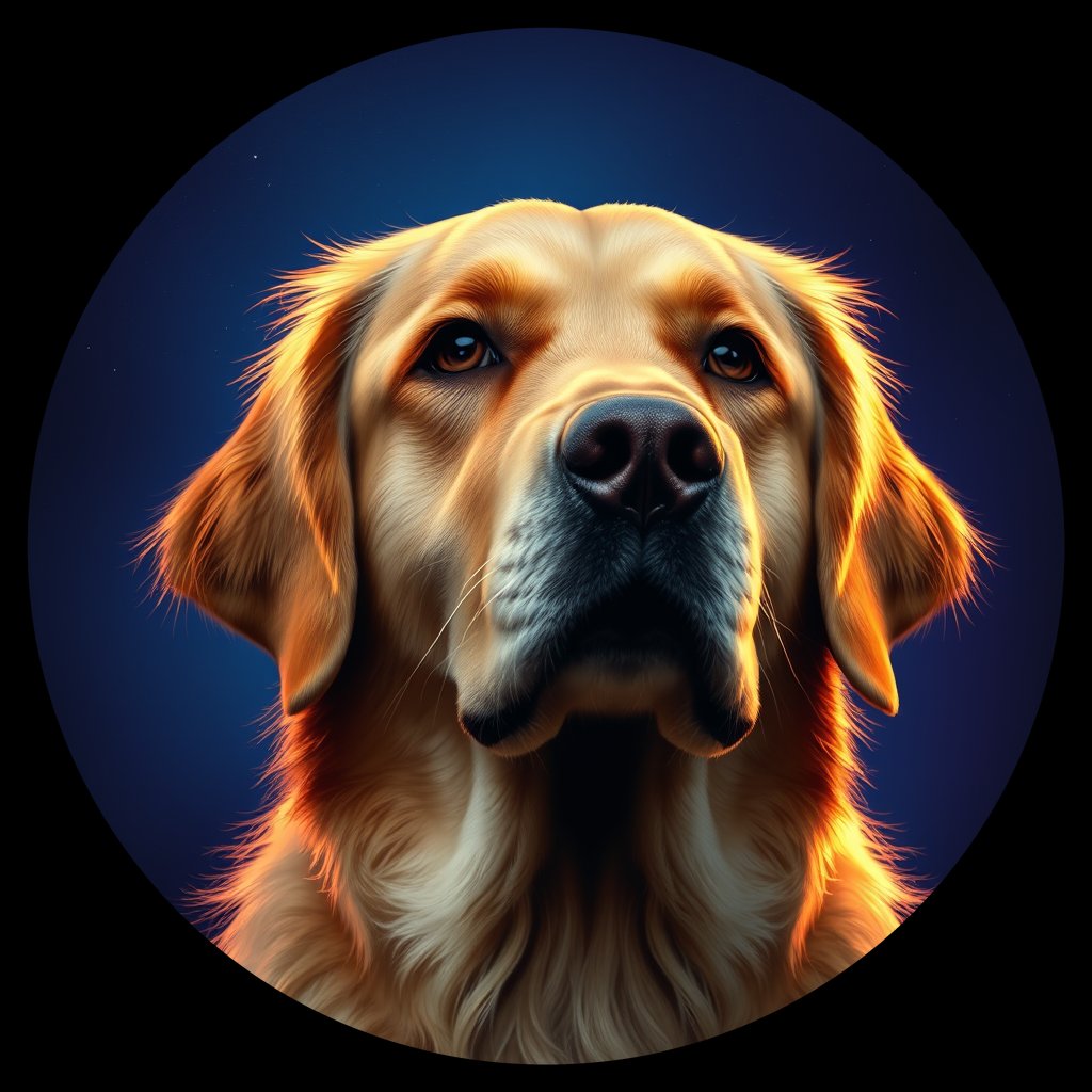 Cosmic medallion portrait of GRLS_grlsWLDTYLFF, a Golden Retriever