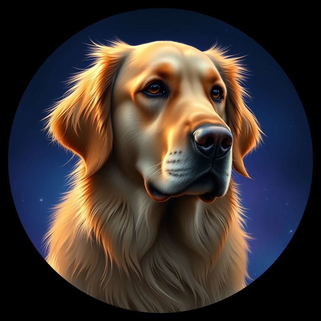 Cosmic medallion portrait of GRLS_grlsWO75MFNN, a Golden Retriever