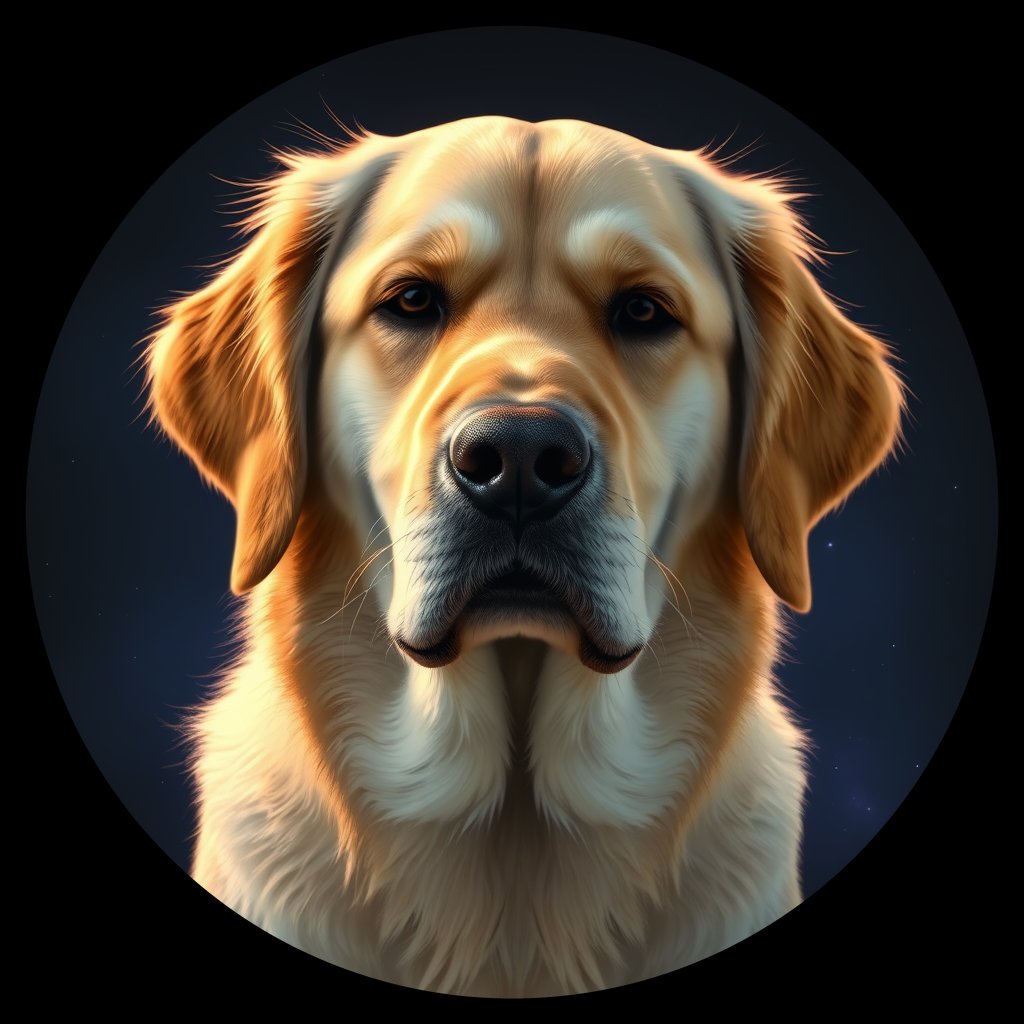 Cosmic medallion portrait of GRLS_grlsWQPE5BJJ, a Golden Retriever