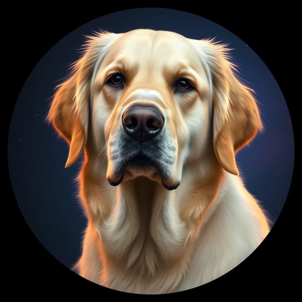 Cosmic medallion portrait of GRLS_grlsWR34FTYY, a Golden Retriever