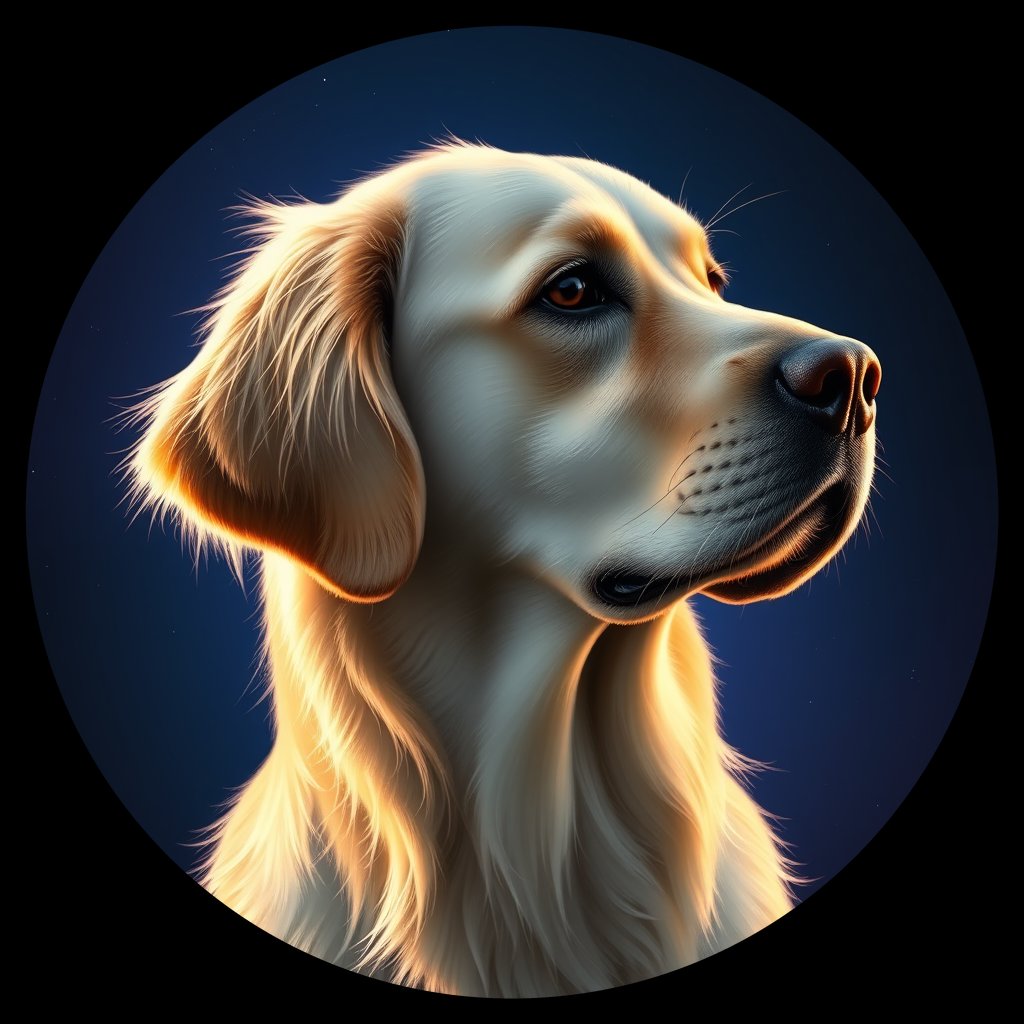Cosmic medallion portrait of GRLS_grlsWTUWRVLL, a Golden Retriever