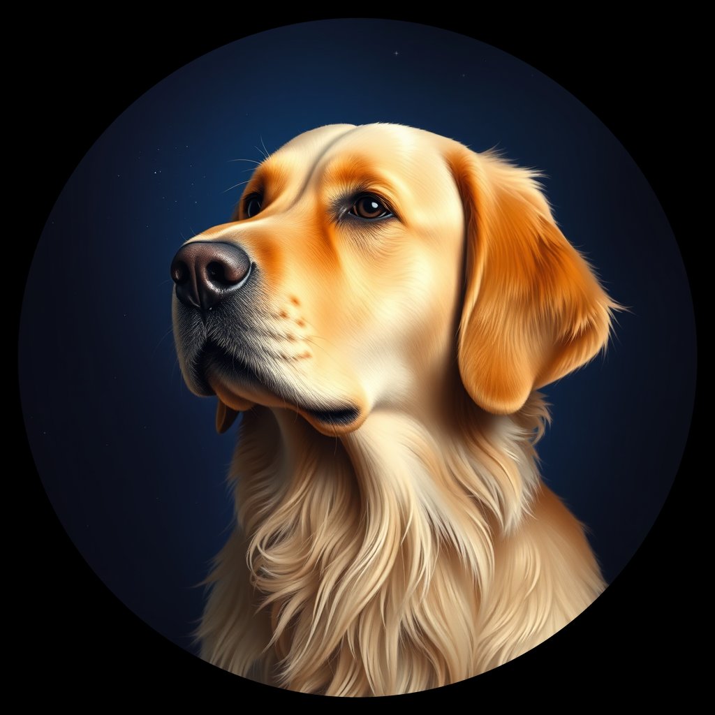 Cosmic medallion portrait of GRLS_grlsWVMMO9XX, a Golden Retriever